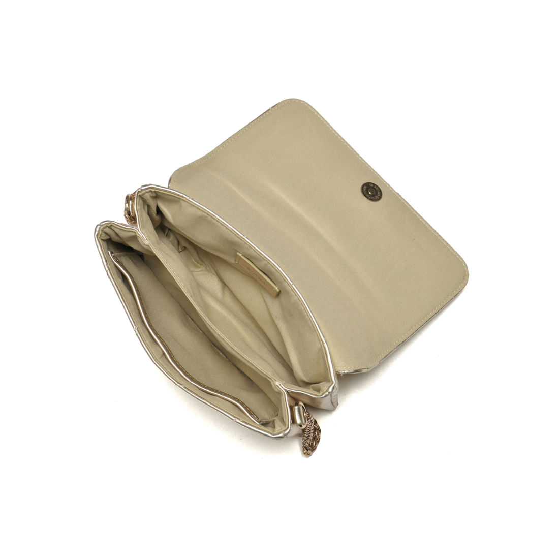 Interior da bolsa Via Marte dourado metalizado com compartimentos organizadores